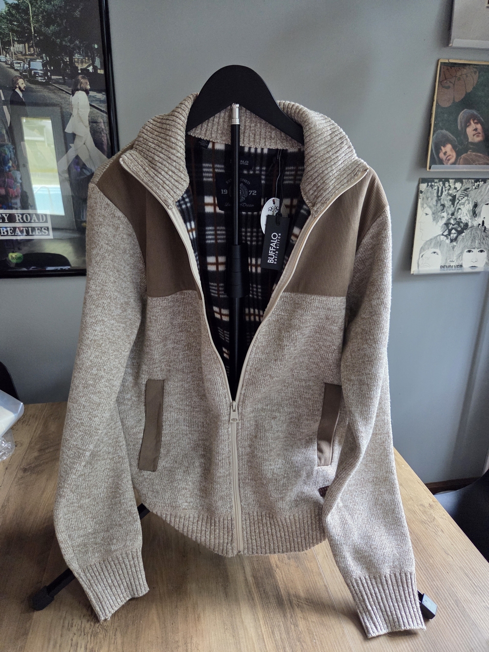 Buffalo David Bitton Men's Beige & Brown Knit Zip-Up Sweater Jacket